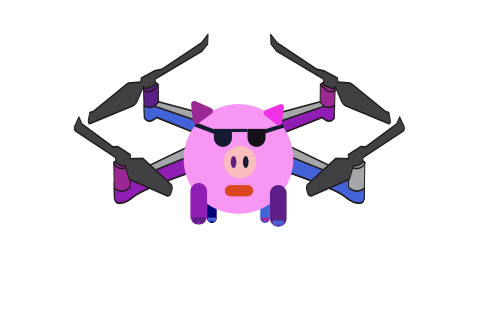 A pig wearing aviator sunglasses is carried by a quadcopter drone